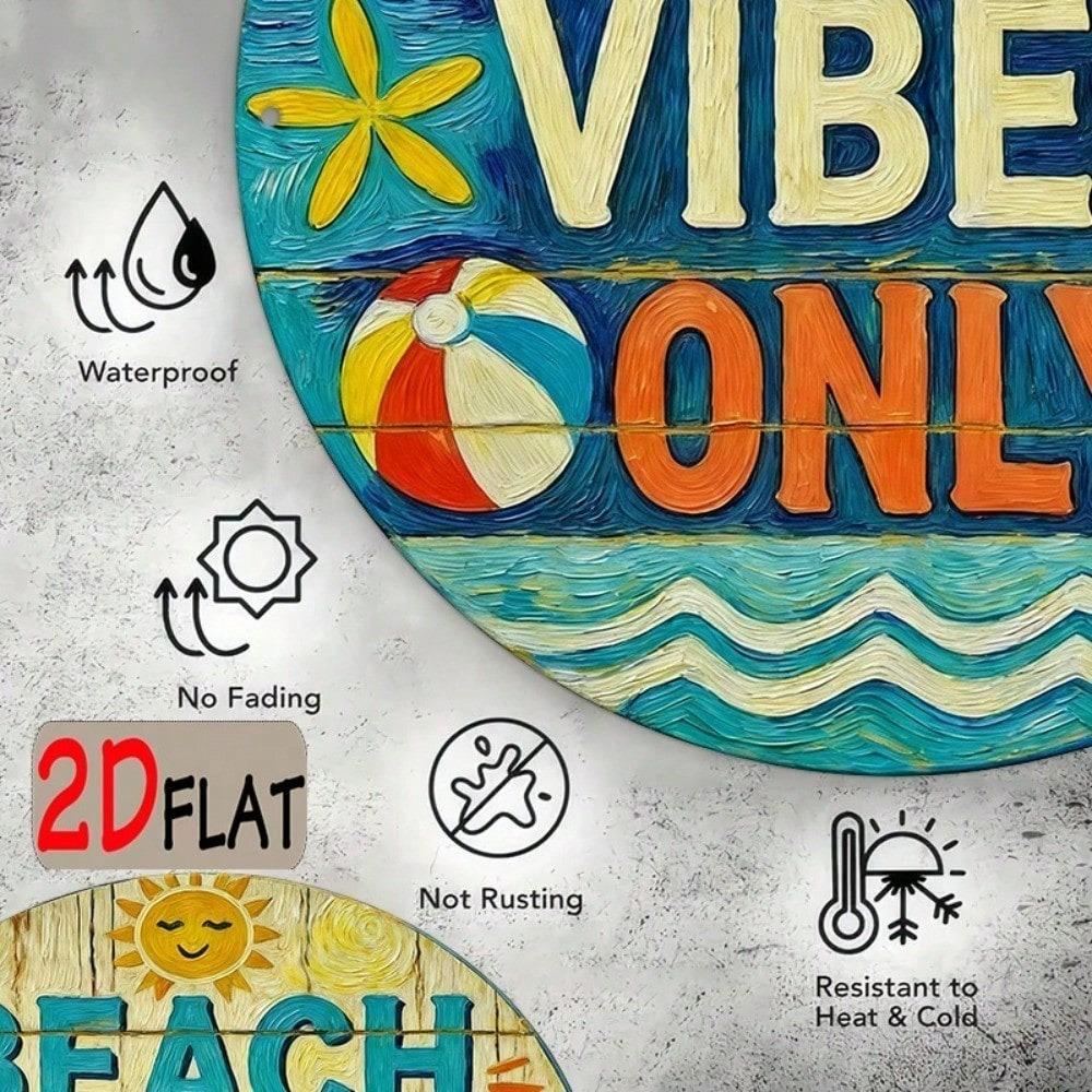 Beach Vibes Only Round Metal Wall Plaque 8 Turquoise Coral Coastal Decor with Starfish Surfboard Summer Home