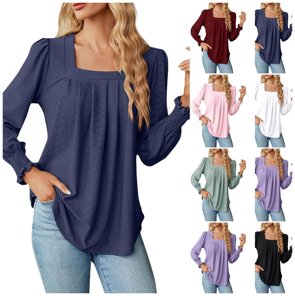 Women's Fashion Square Neck Color Pleated Long Sleeve Tuxedo Shirt Top