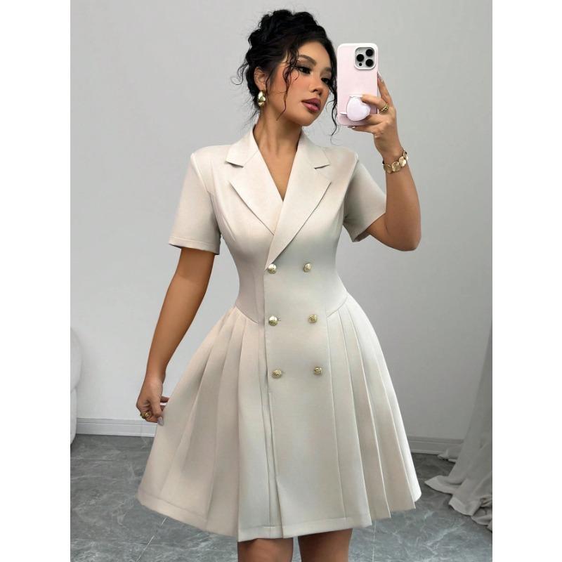 YYFS Women's Fashion Summer Spring Solid Color Print Short Sleeve POLO Neck High Waist  Casual Dresses