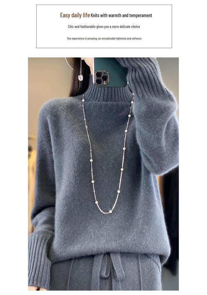 Women's 100% Wool Pullover Sweater, Half-High Neck, Thick Base Layer, New Autumn/Winter Style