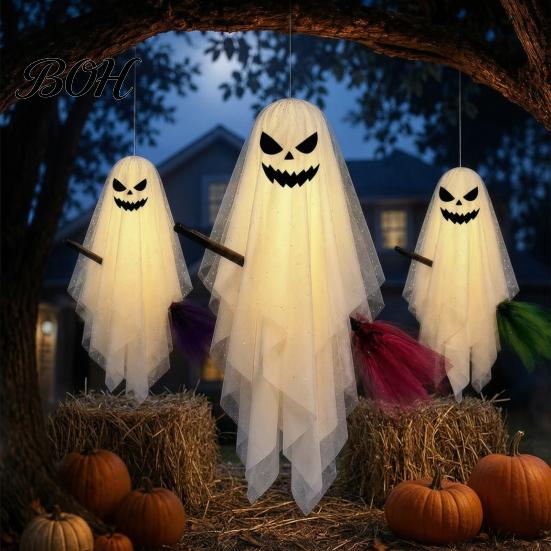 Reusable Festival Holiday Decor Halloween Lighted Hanging Ghost with Broom Decor, Flying Broomstick Ornaments Remote Multi Mode Lighting Control