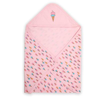 LuvLap Cotton Hooded Wrapper Pink Ice Cream Print Soft Newborn Baby Towel Large Breathable Blanket Quilt 75cm Travel Friendly