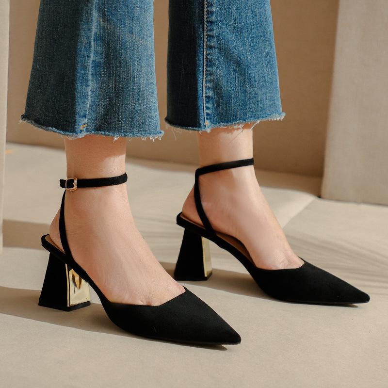 Fu number thick heel bag head sandals women's spring and summer women's shoes hollow front bag back with shoes electroplating and casual women's shoes