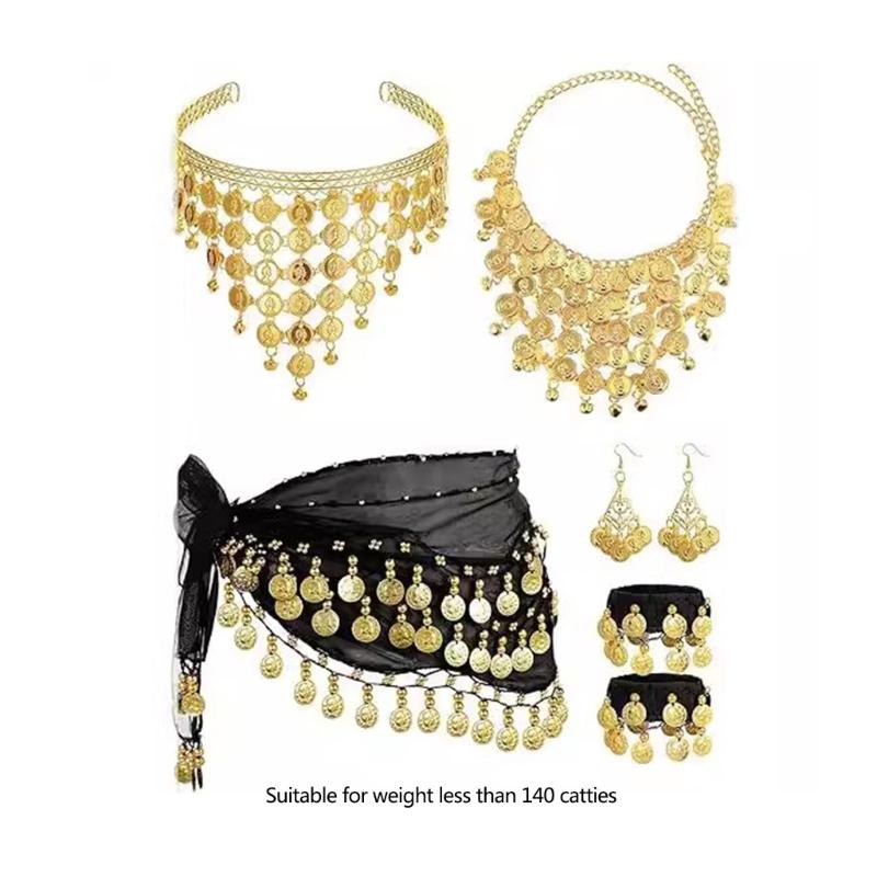 Belly Dance Accessories,Belly Dance Hip Scarf Wrap Belt,Coin Drop Earrings Hair Chain Bracelet Gypsy Costume for Women