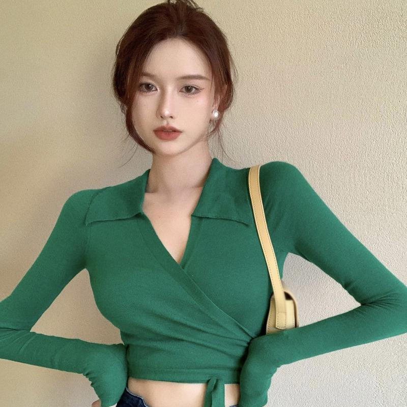 Women Pullovers Tops Waist Cross Bandage Solid Color Long Sleeve Tops V-Neck Spring Autumn