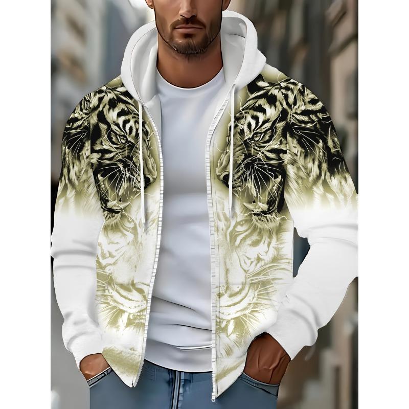 Herren Kapuzenpullover mit Reißverschluss und Tiger-Grafik, Langarm, Lässiger Outdoor-Mode-Mantel mit Kordelzug und Taschen, Reißverschluss-Kapuzenpullover für den Mann