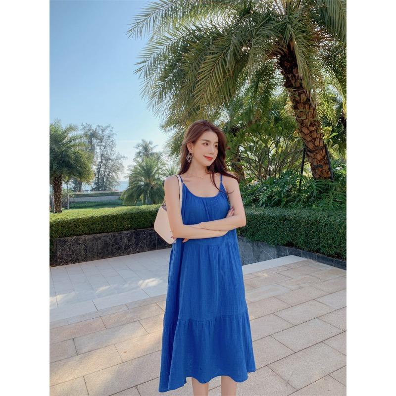 

Женские летние длинные платья с лямкой на бретельках для морского отдыха XL синий