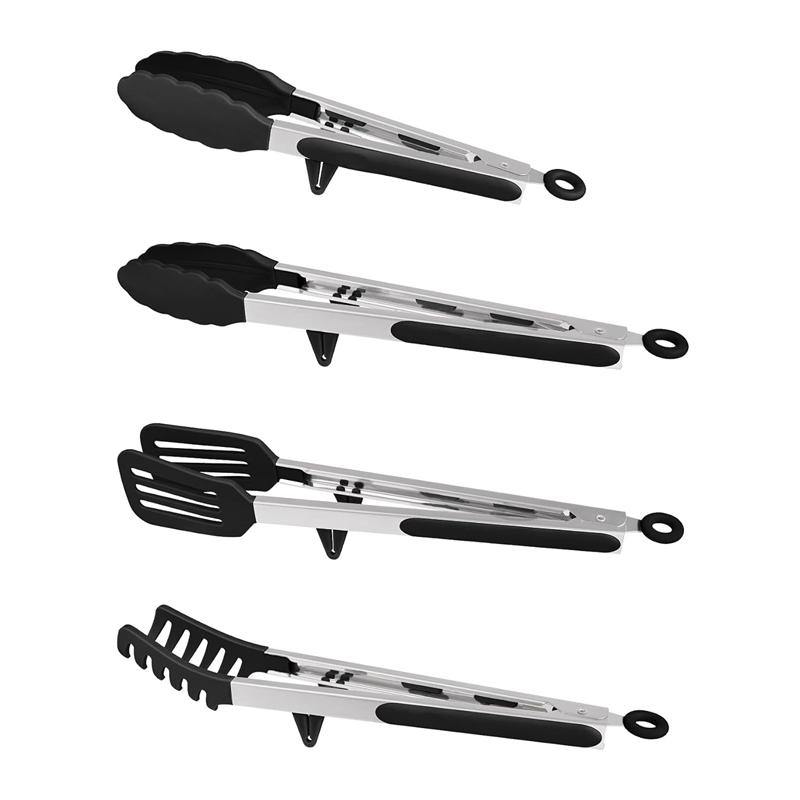 4Pcs Stainless Steel Kitchen Food Tong Set with Silicone Tips Cooking Tong Set BBQ Serving Tong Spatula Tong Kitchen Baking Tool
