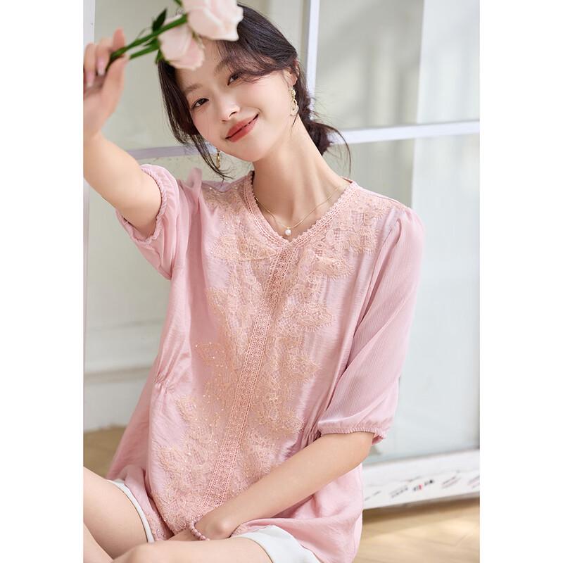 Ou Di Fu Women s Elegant Lace-Spliced 3/4 Sleeve Blouse M