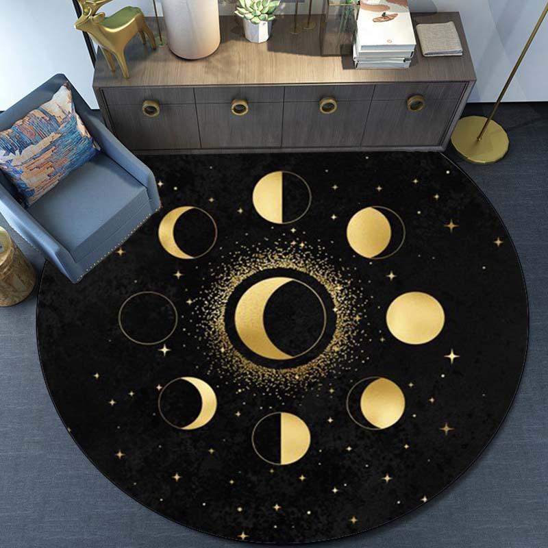1pc Moon Phase Art Round Rug - Celestial Design with Gold Moon and Stars Pattern for Living Room, Bedroom, Crystal Velvet