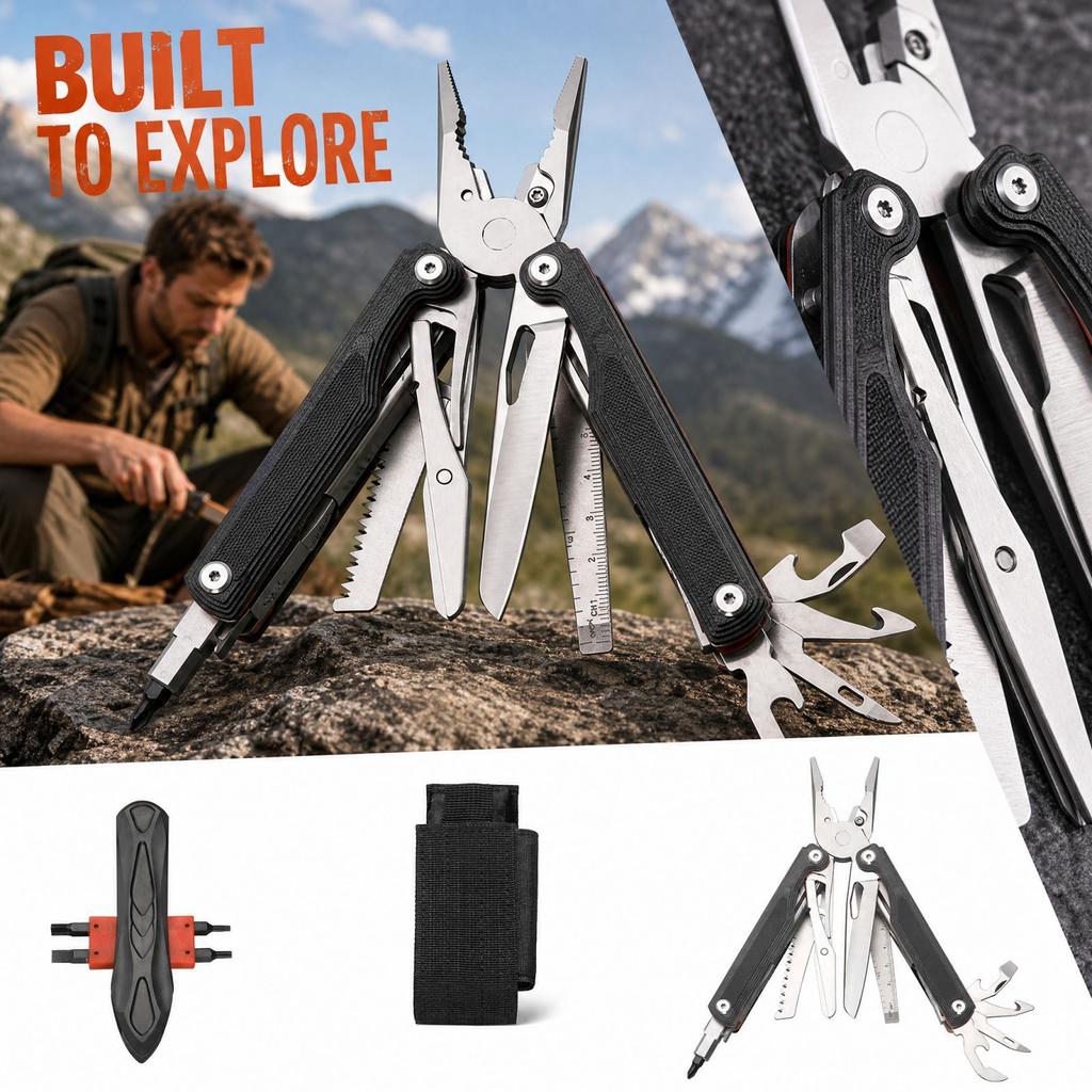 Folding Multitool with Handle, Multifunctional Pliers and Scissors for Outdoor and