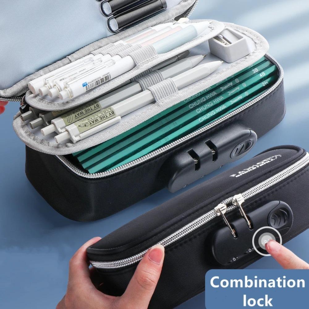 Bærbar Passordlås pennal Boy Canvas Penalveske stor kapasitet pennaler Student skrivesaker bag barn pennevesker gaver