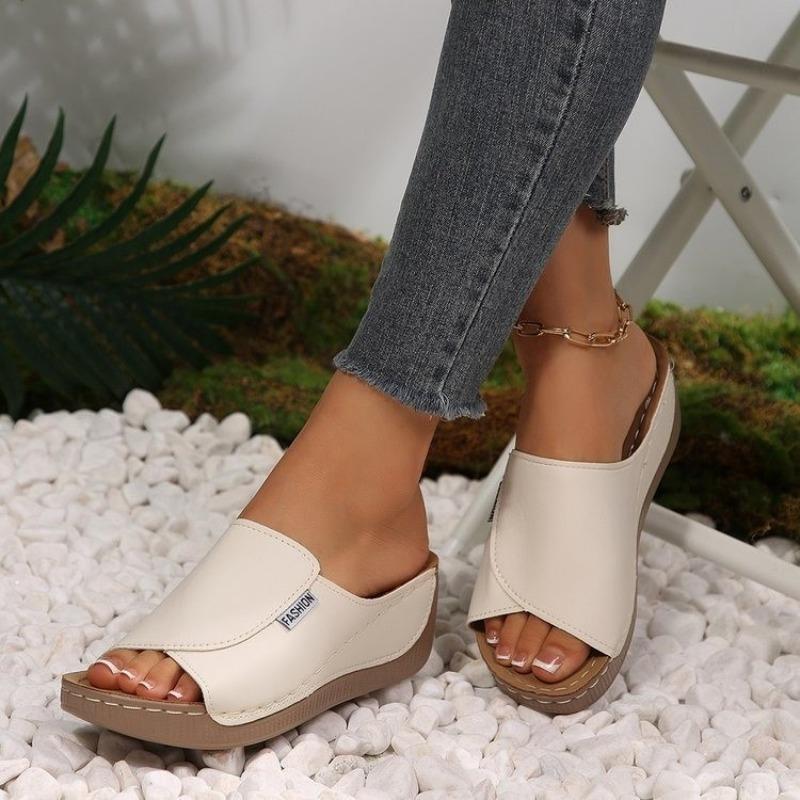 Women's Summer Wedge Peep-Toe Slide Sandals, Comfortable Casual Footwear, Available In Large Sizes.