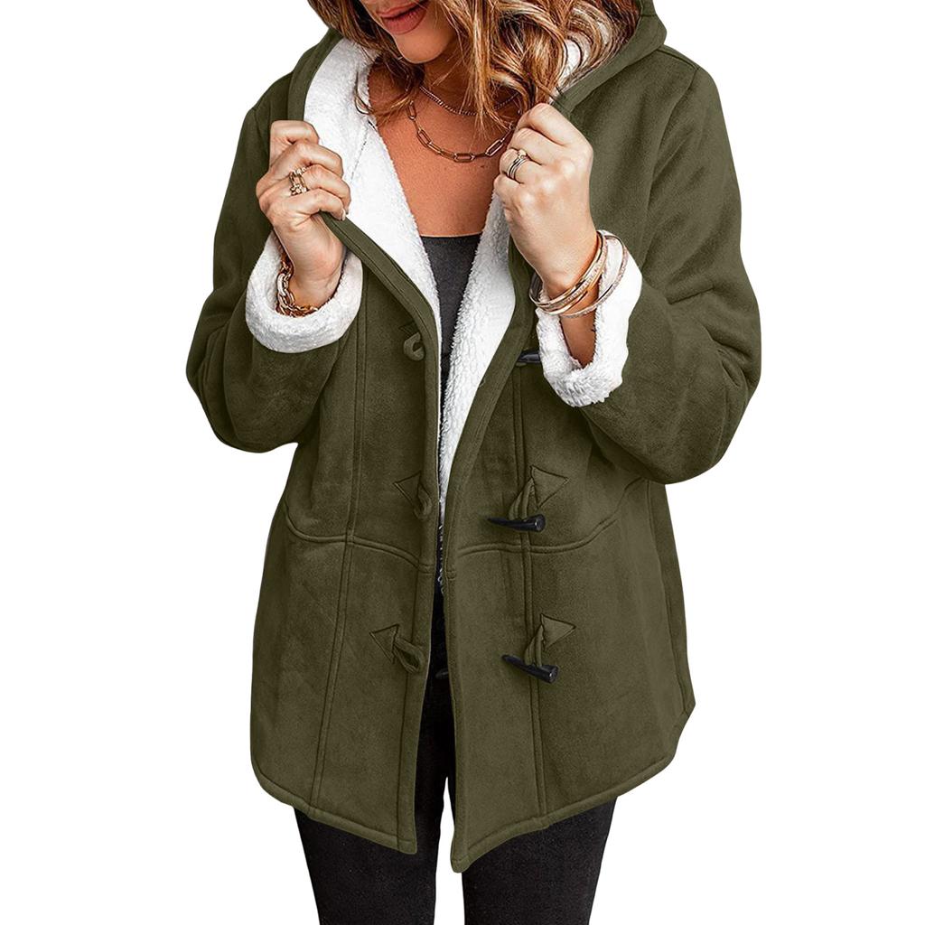 Women's Button Suede Long Windbreaker Coat Warm Long Sleeve Jacket Hooded Coat