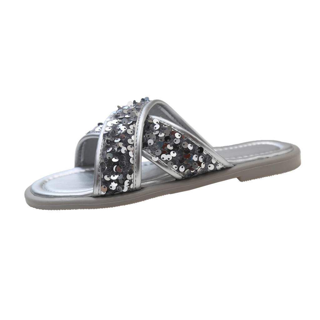 2024 New Women's Summer Slippers Fairy Slippers With Sequined Flat Slippers Fashion Beautiful Charming Cross Comfortable Sandals