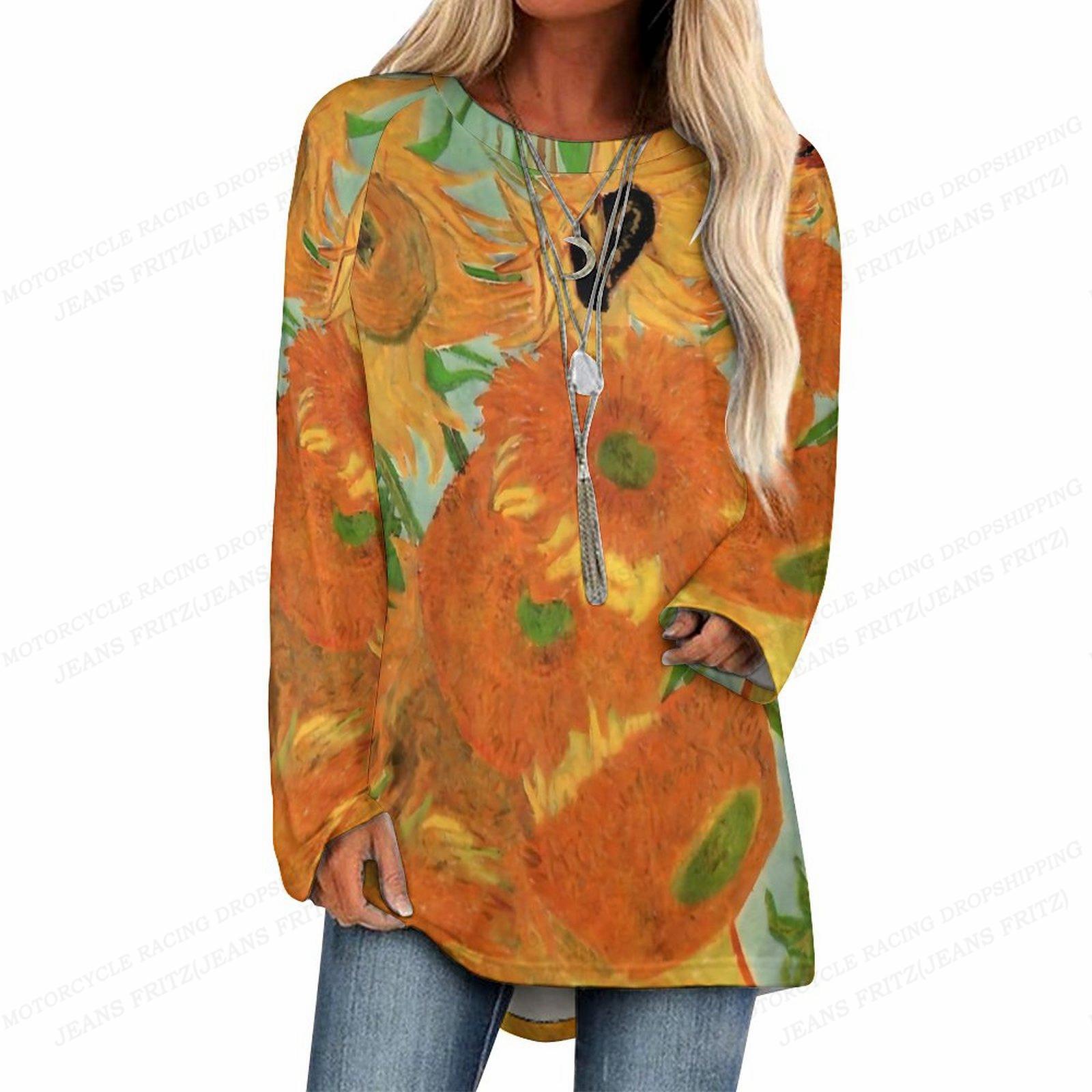 Подсолнух футболка Футболки Женская мода футболка Essential футболка Топы с длинным — фото 4