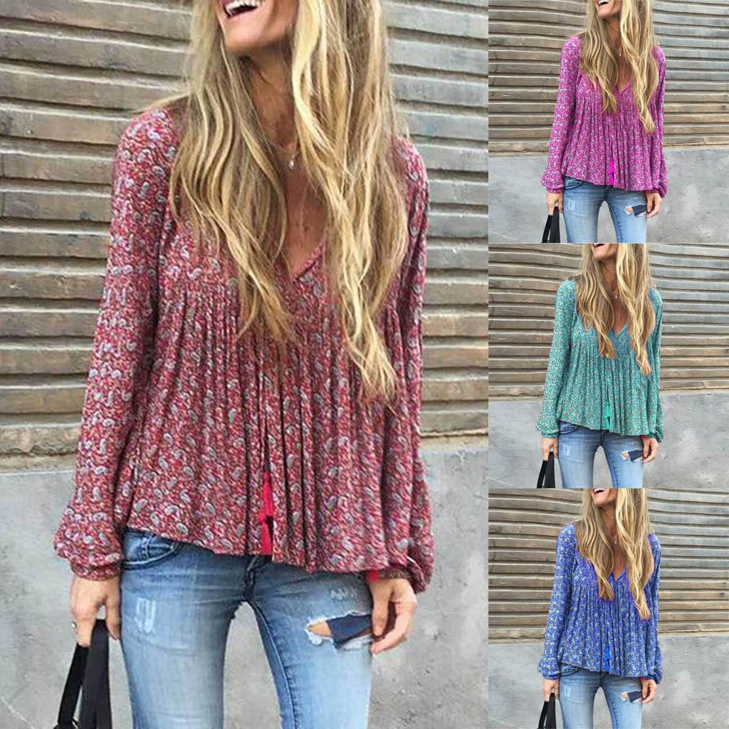 

Fashion Women Casual Loose Long Sleeve V-Neck Print Tops T-shirt