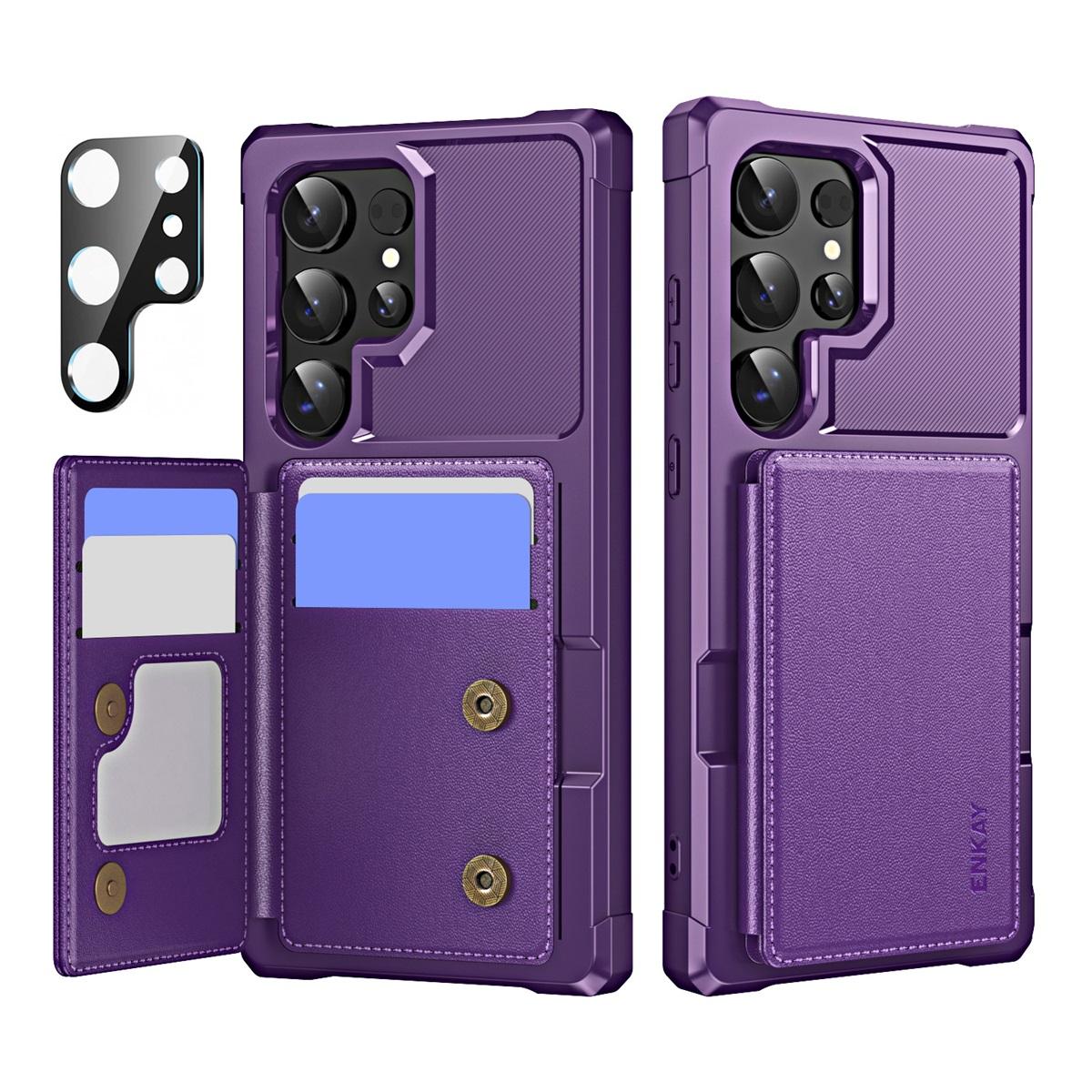 

For Samsung Galaxy S24 Ultra ENKAY Hat-Prince Wallet Card Slot Kickstand PU Leather +TPU Back Phone Cover with Camera Lens Film Purple