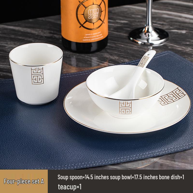 Luxury Wear-Resistant Gold Rim Bone China Dinnerware Set for Hotels and Restaurants - Includes Bowls, Plates, Spoons, Cups, and Chopsticks