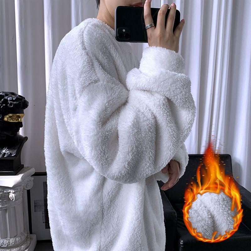 Men s Thickened Lambswool Hoodie with Velvet Lining for Autumn and Winter S белый