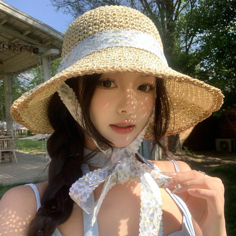 Lace Tie Bow Straw Sun Hat Hollow Packable Wide Brim Summer Beach Sun Protection Breathable Sun Hats Travel for Women