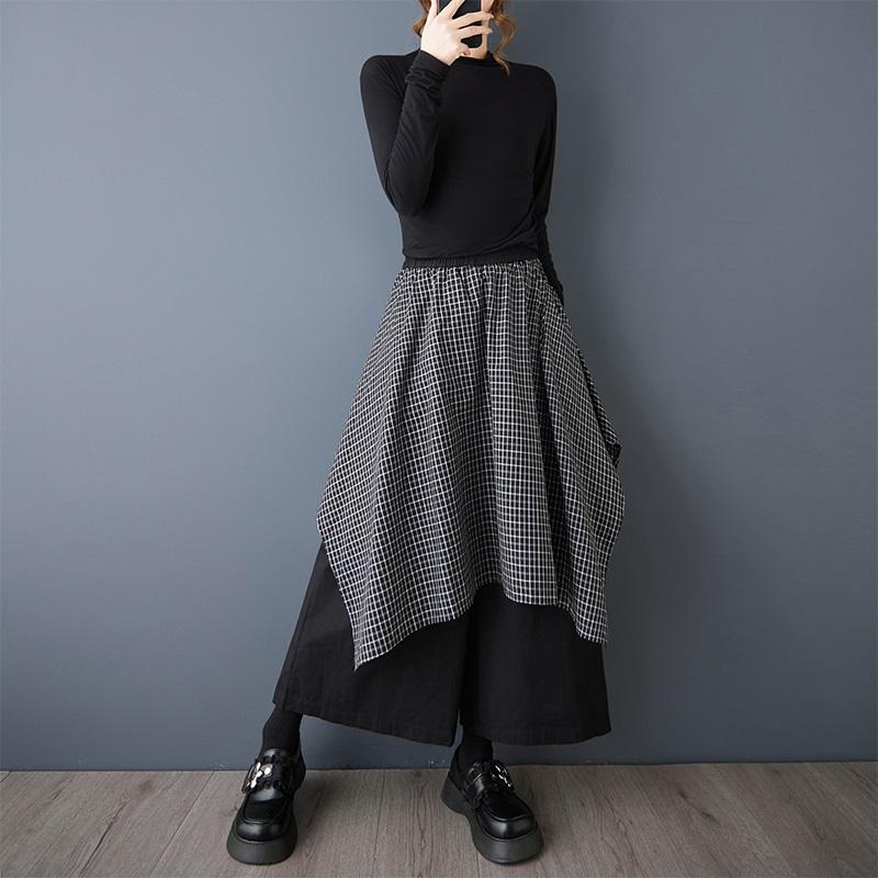 Black plus size vintage plaid Spring Autumn High Waist wide leg Skirt Pants Women Loose Casual Trousers