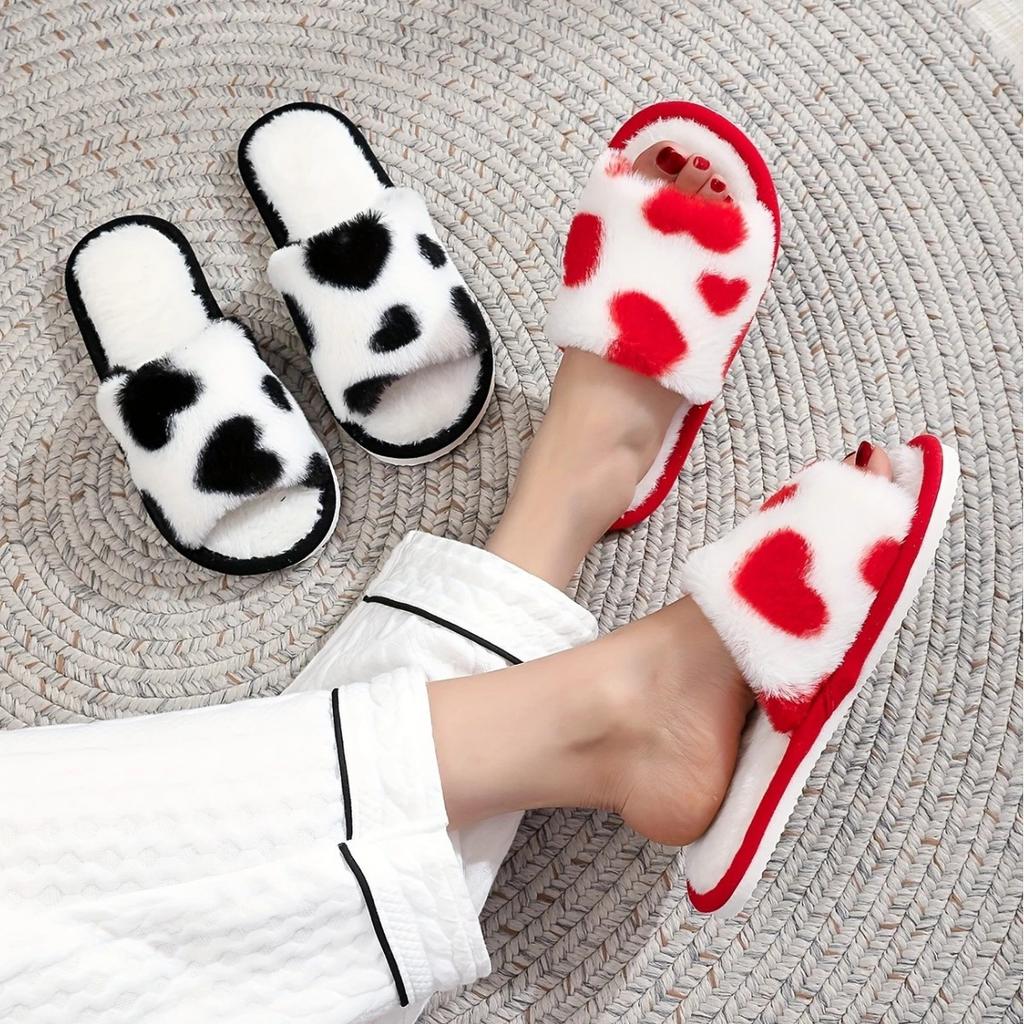 Fashion Women's Autumn Colorful Low Platform Plush Slippers Love Print Fluffy Cotton Shoes Casual Home Woman Man zapatos de mujer