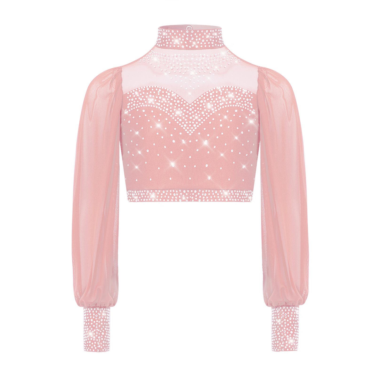 

Дівчачий сітчастий танцювальний топ з довгим рукавом, коміром-стійкою, вирізом на спині та стразами, кроп-топ для ліричних балетних виступів 5-6 Years рожевий
