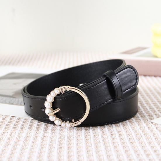 Imitation Leather Women Belt Faux Pearls Pin Buckle Adjustable Holes Design Waistband Versatile Fashion