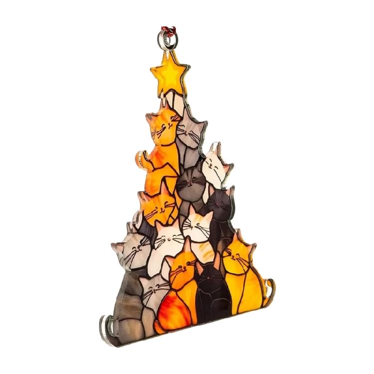Stained Glass Window Hanging Cats Christmas Tree Suncatchers Colorful Glass Window Panel Hanging Decors for Garden Ornament