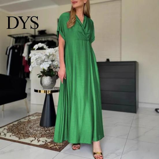 V-neck Long Dress Spring Women V Neck Short Sleeve Loose A-line Pure Color Slimming Ankle Length Maxi Pleated Prom Party Dating