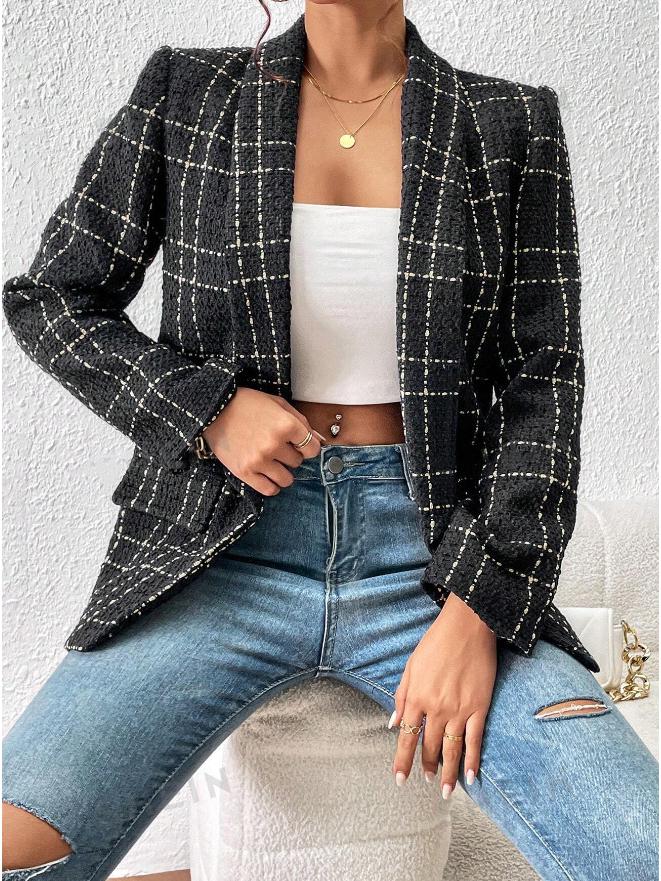 European and American Plaid Long-Sleeve Lapel Suit Coat