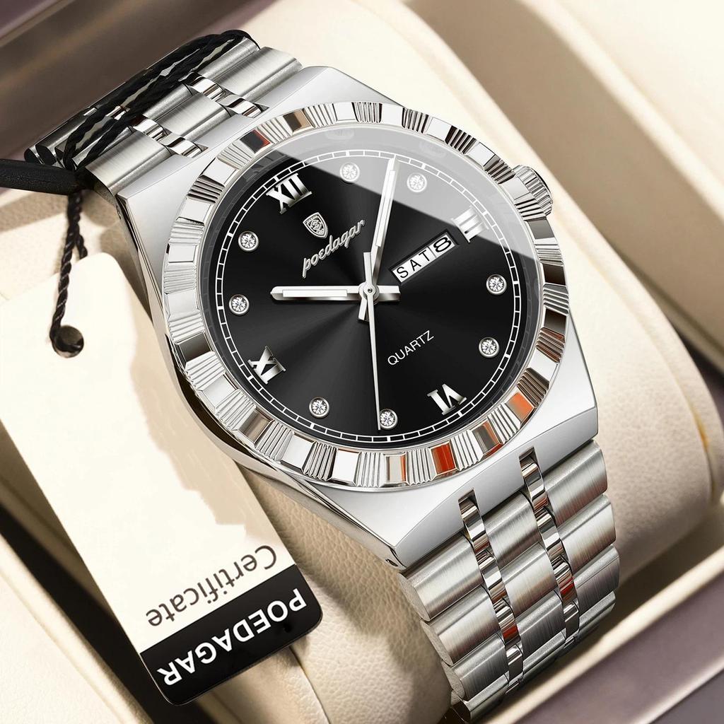 POEDAGAR Luxury Business Male Watch Waterproof Luminous Week Date Wristwatch Stainless Steel Trendy Quartz Watches for Men