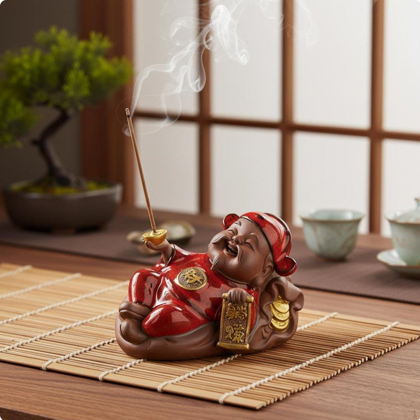 Prosperity Deity Perfumed Cone Holder Handcrafted Detail Reclining Wealth Statue Meticulously Lying Caishen