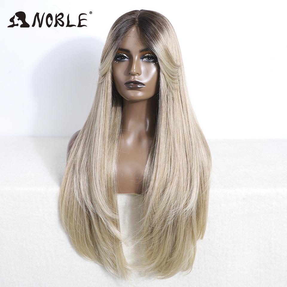 Noble Synthetic Lace Front Wig 30" Straight Part Lace Wig Ombre Blonde Wigs For Women Wig With Bangs Lace Wig Heat Resistant Wig