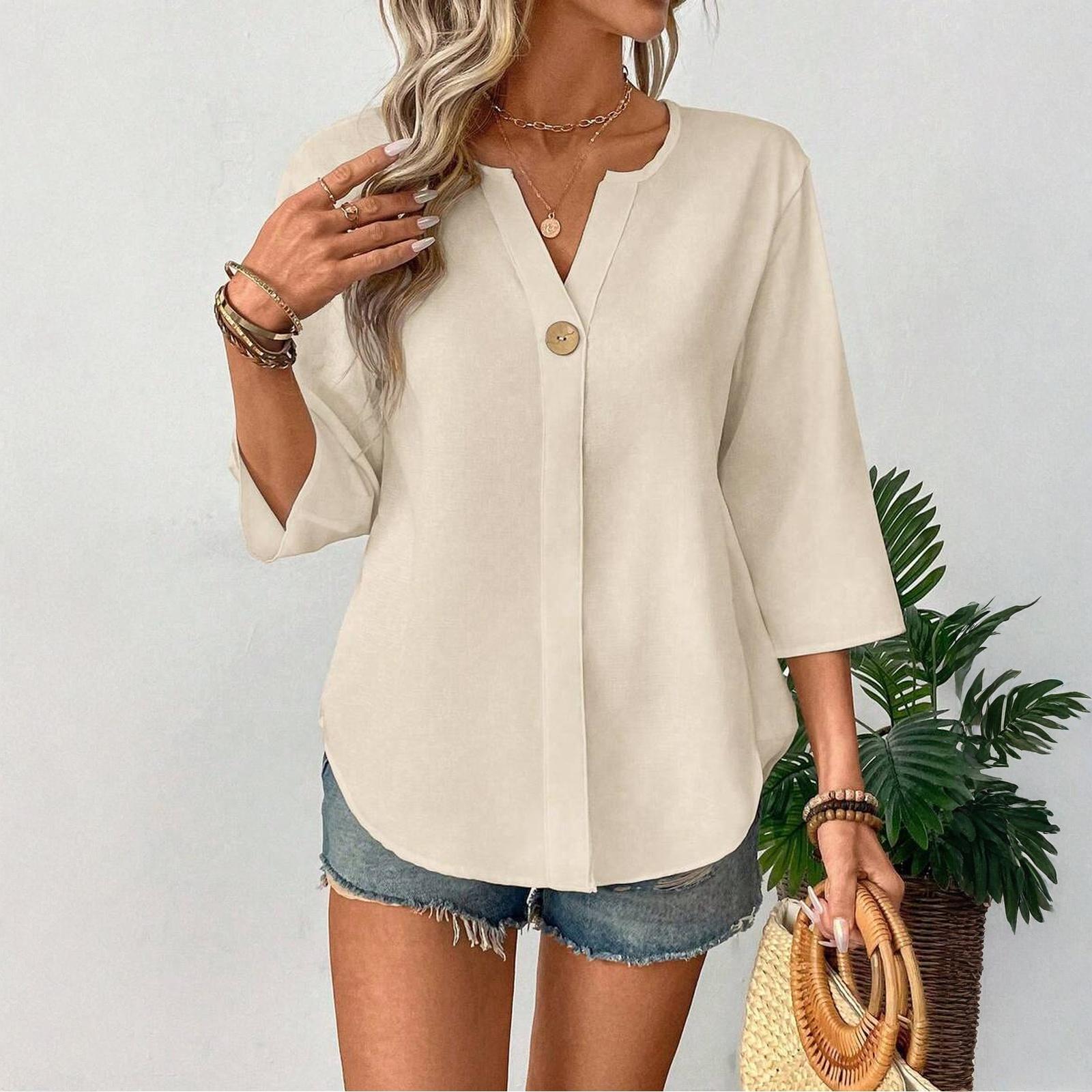 

Женская повседневная рубашка с пуговицами, с рукавами три четверти, из хлопка и льна XL бежевый