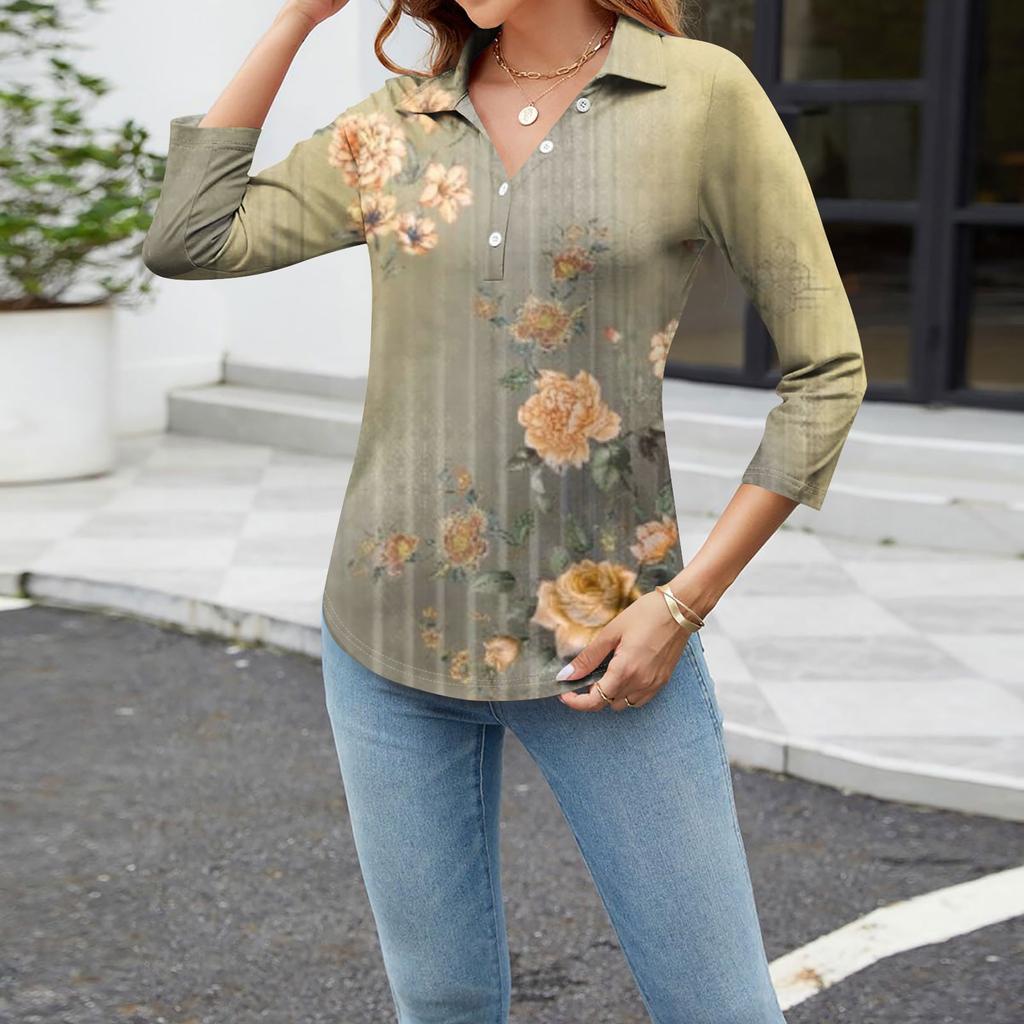Women's Fashion Casual Long Sleeve Floral Print V-Neck Button Top
