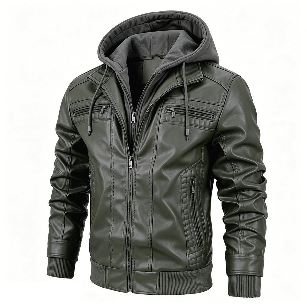 Men's European & American PU Leather Hooded Jacket - Winter Warm Coat, European Size