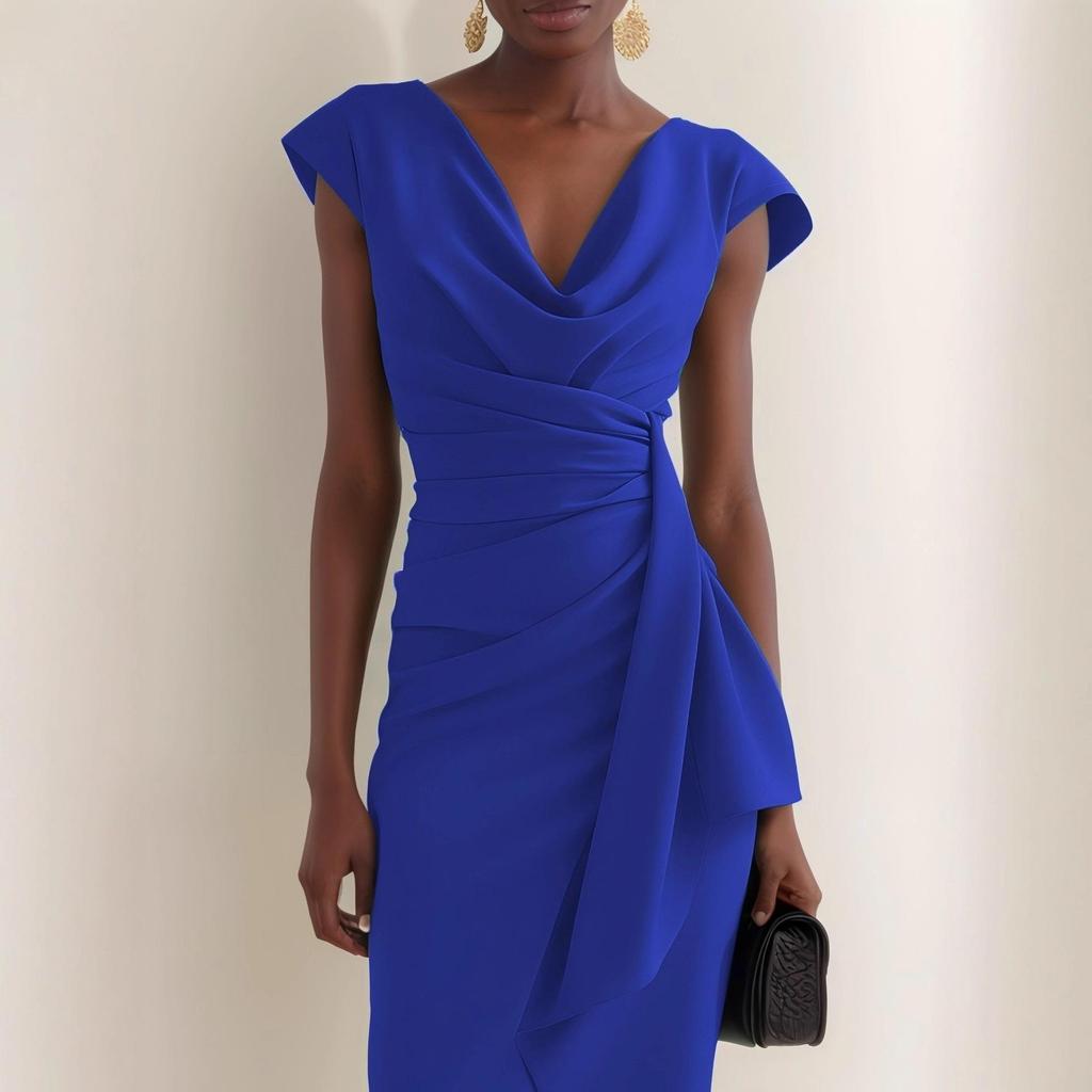 2026 Abito Formale Elegante con Collo a Mantella, Colore Unito, Manica Corta Pieghettata