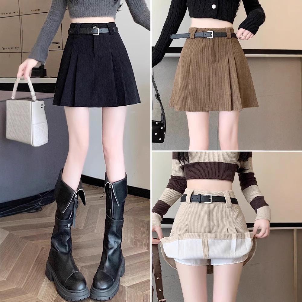 

Black Corduroy Pleated High Waist A-Line Skirt for Women - Autumn/Winter 2024 Collection 4XL [recommended for 159-170 jin]