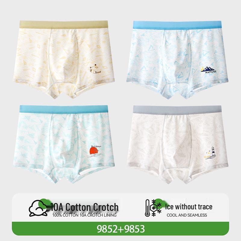 Teen Boys' Ice Silk Boxer Briefs - Developmental Period, Plus Size, Four-Corner Design, Summer Collection