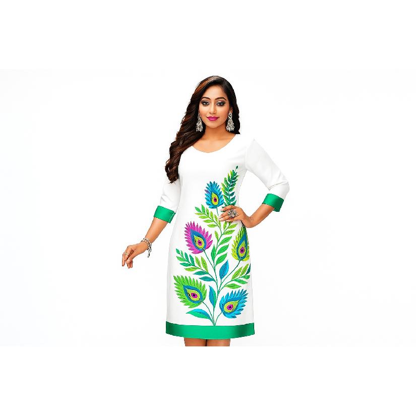 

Мусульманский шарм, принт павлина по всей поверхности, дышащий стиль курти с круглым вырезом, новинка, удобная одежда, демонстрирующая стиль моды, 5XL зелёный