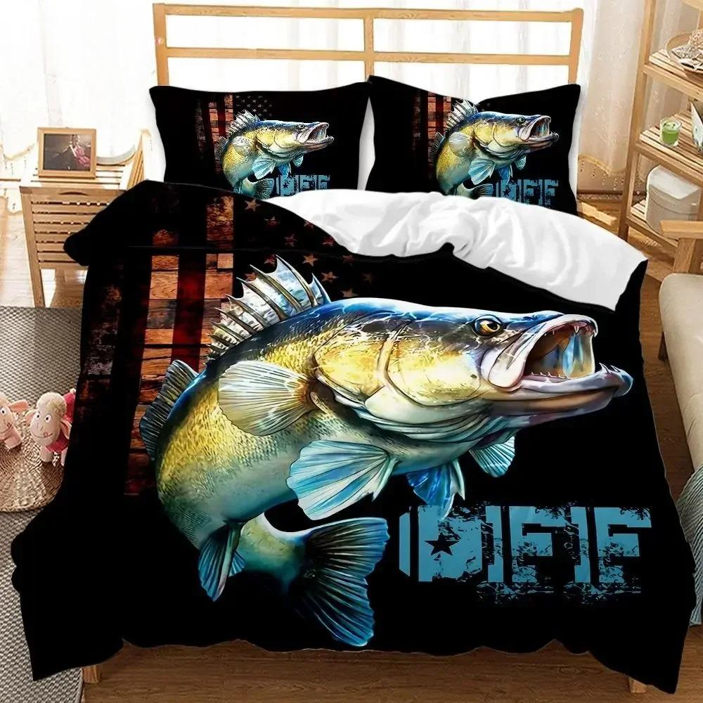 Pike Fish Bedding Striped Bass Big Pattern Hunting And Fishing Themed Duvet Cover For Kids Boys BedRoom Decorations For Teens