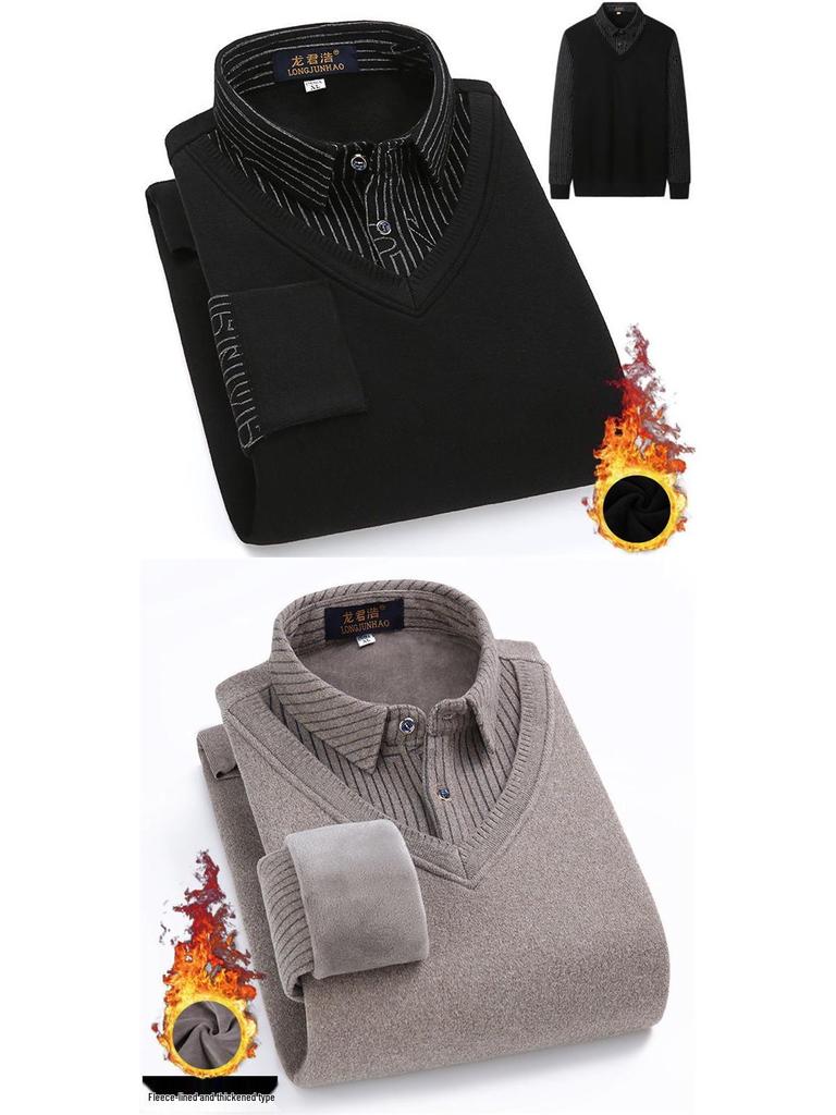 Men's Loose Knit Sweater with Faux Two-Piece Shirt Collar, Fleece-Lined, Thick Warm Winter Stand-Up Collar Top