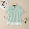 ZANZEA Women Summer Stand Collar Short Sleeve Lace Splice Casual Blouse