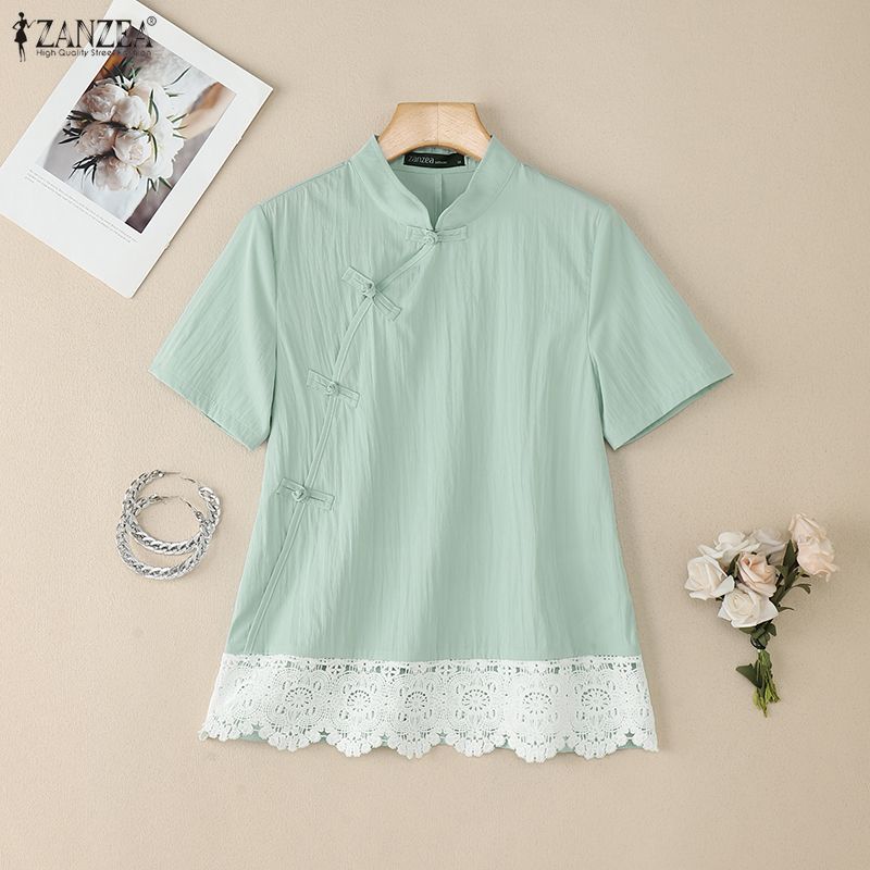 ZANZEA Women Summer Stand Collar Short Sleeve Lace Splice Casual Blouse