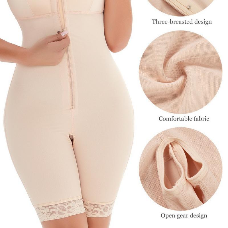 Women Front Zipper Adjustable Strap Lace Hem Open Crotch High Waist Tummy Control Butt Lifting Slim Shapewear Bodysuit