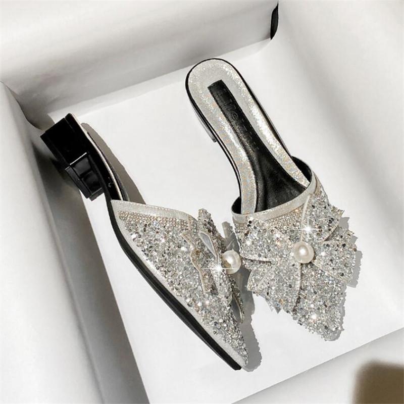 Women Slippers Fashion Rhinestone Sequins Slip On Square Heel Pumps Lady Classic Black Beige High Quality Comfort Summer Shoes