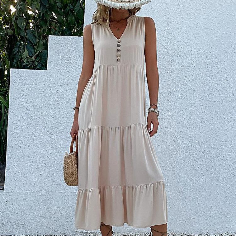 Women Summer Spring Casual Sleeveless V Neck Solid Color Print Fashion Dresses