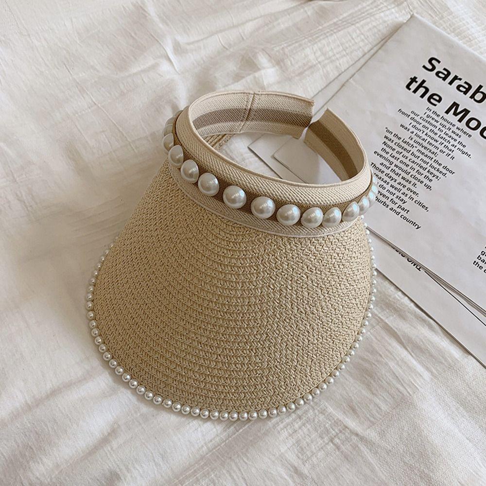 Wide Brim Sun Hat Pearl Decorated Straw Hat Imitation Pearl Beach Hat  UV Protection